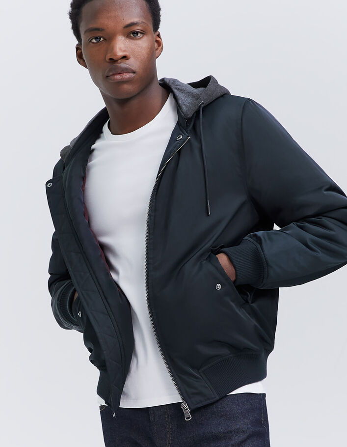 Bomber marine en nylon capuche amovible Homme