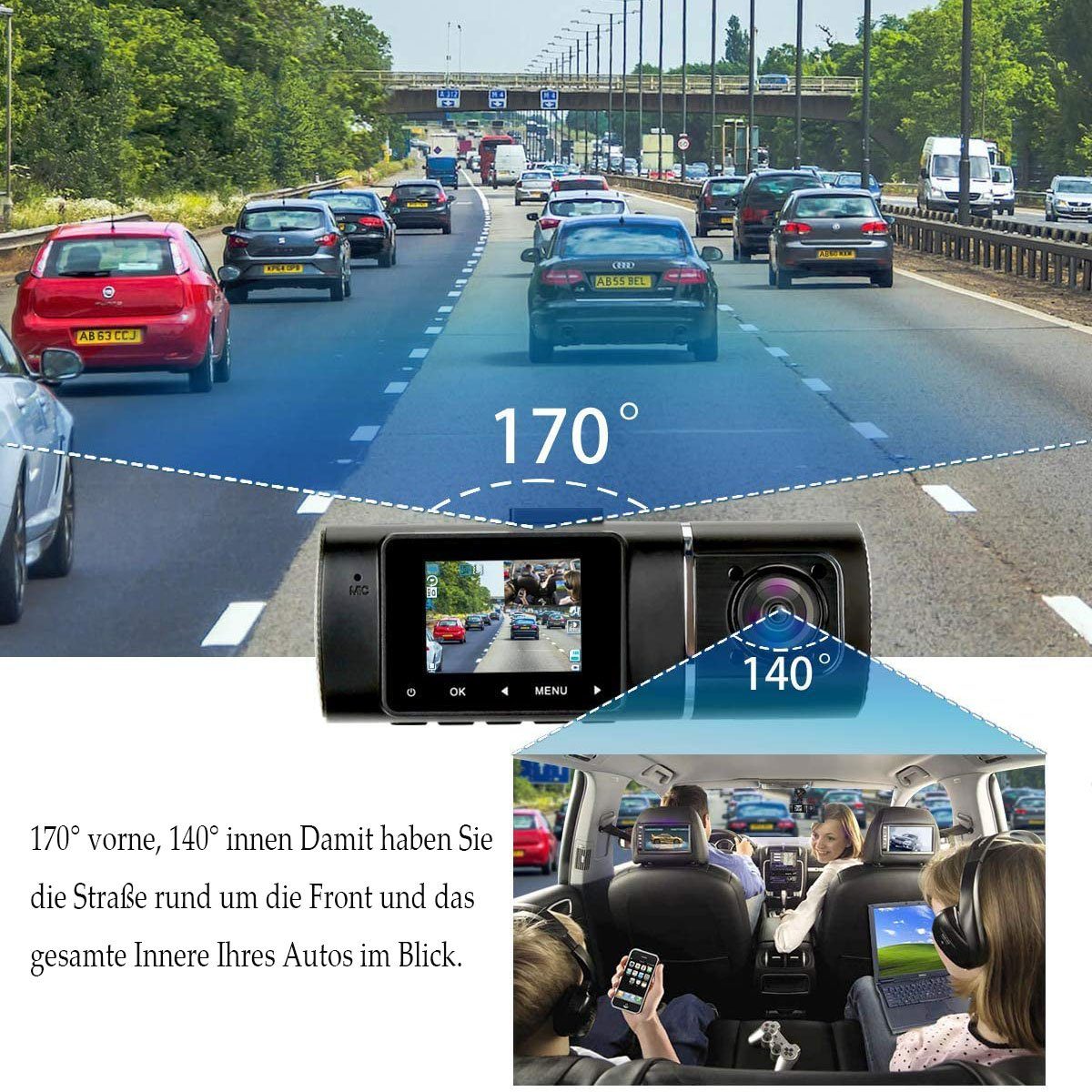 GelldG Dashcam Auto dual Infrarot Nachtsicht Dashcam vorne Innen Dashcam