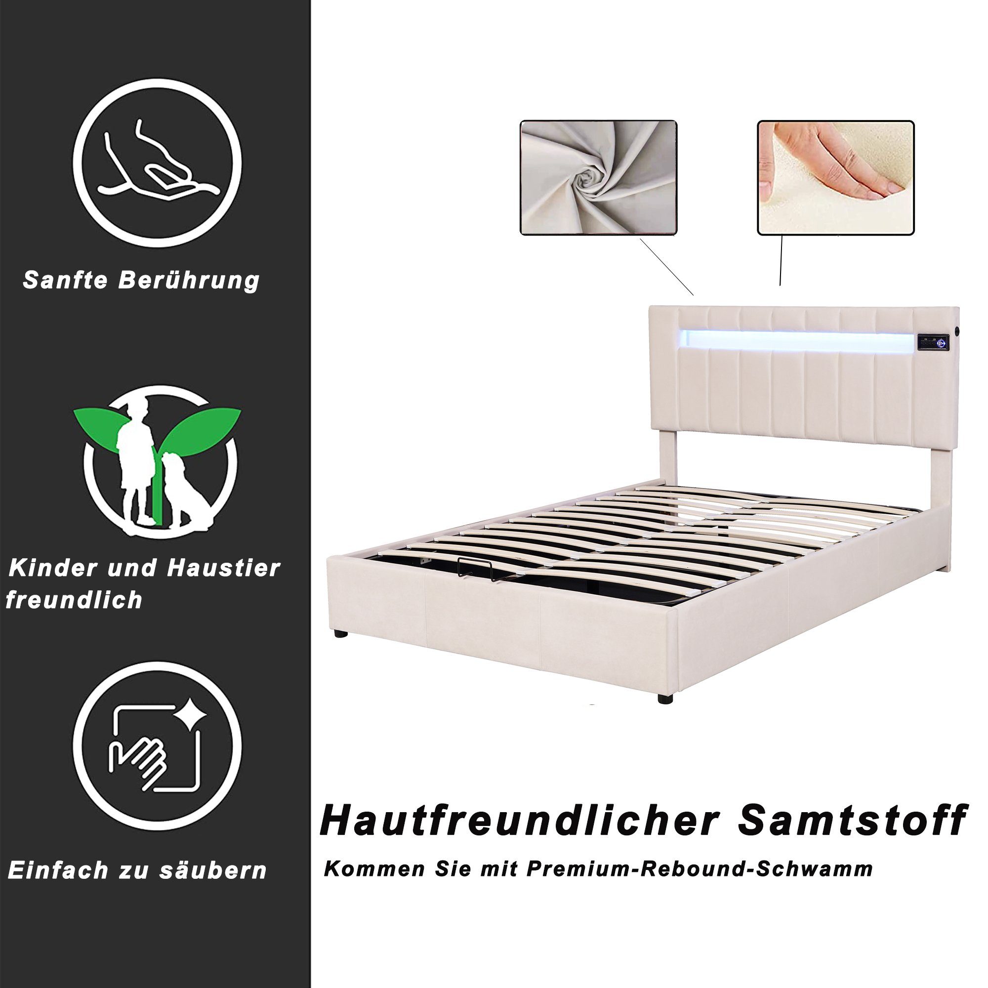 Flieks Polsterbett, LED-Licht USB-Laden hydraulisches Holzbett Samt 140x200cm