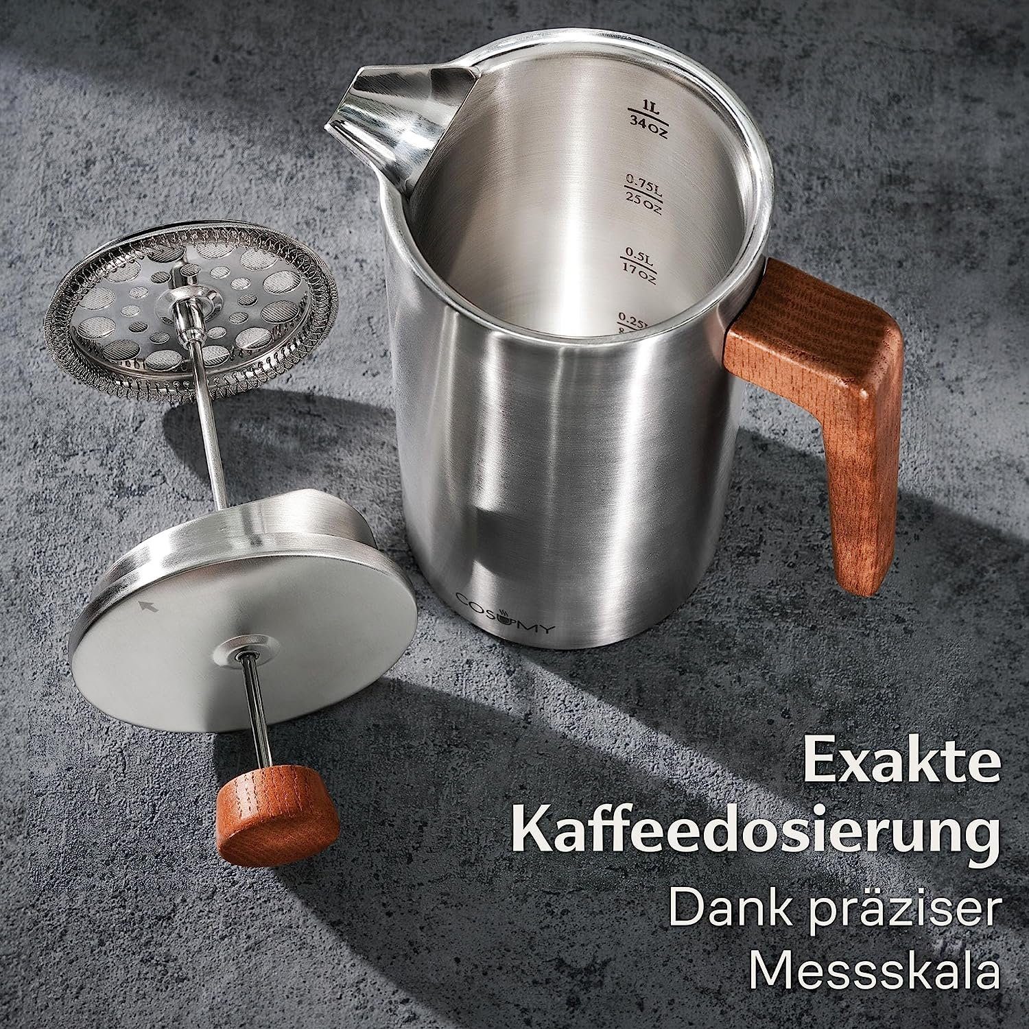Cosumy French Press Kanne Edelstahl Kaffeekanne, Edelstahlfilter