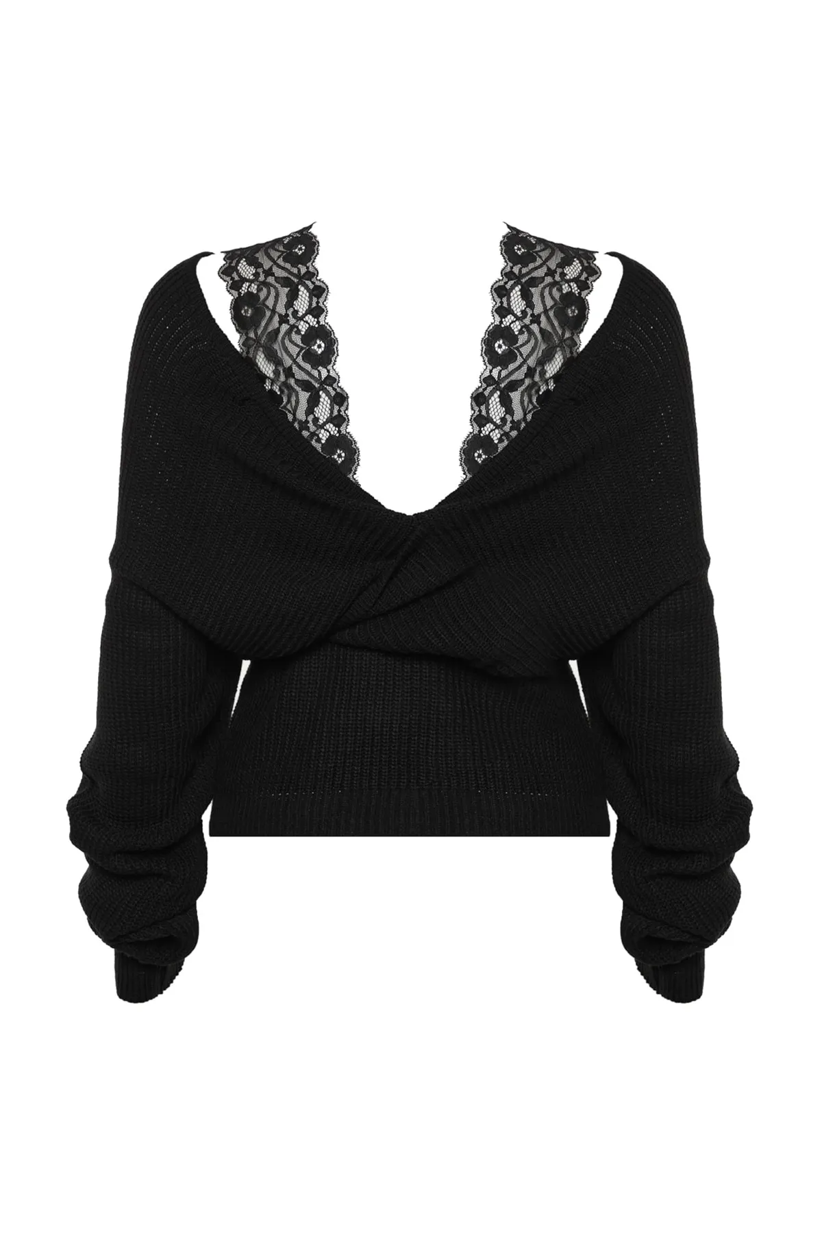 Trendyol Collection  Schwarzer zweireihiger Strickpullover mit Spitze TWOAW22KZ0522
