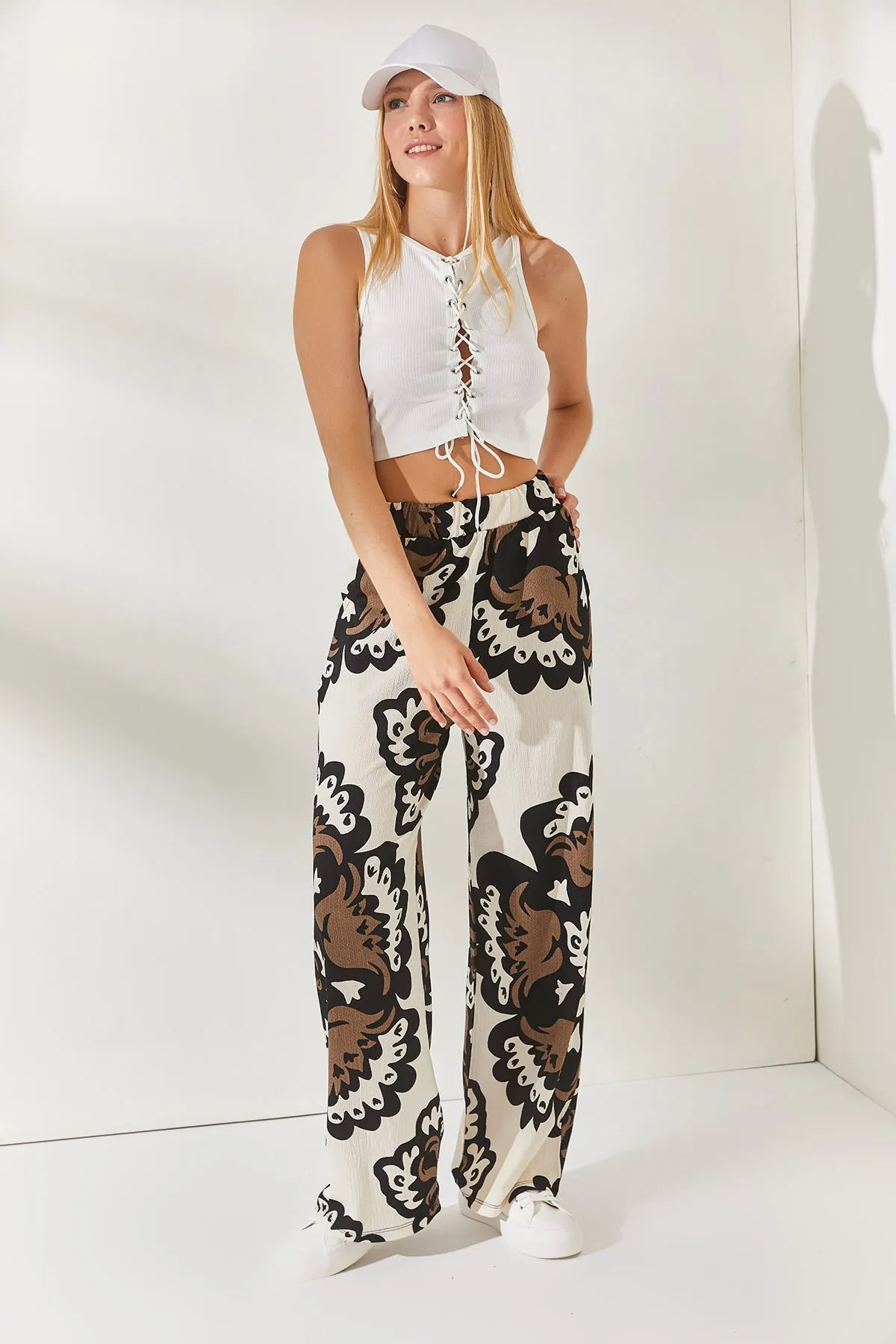 Olalook  Nerzfarbene, gemusterte Palazzo-Hose mit elastischem Bund und Taschen, PNT-19000225