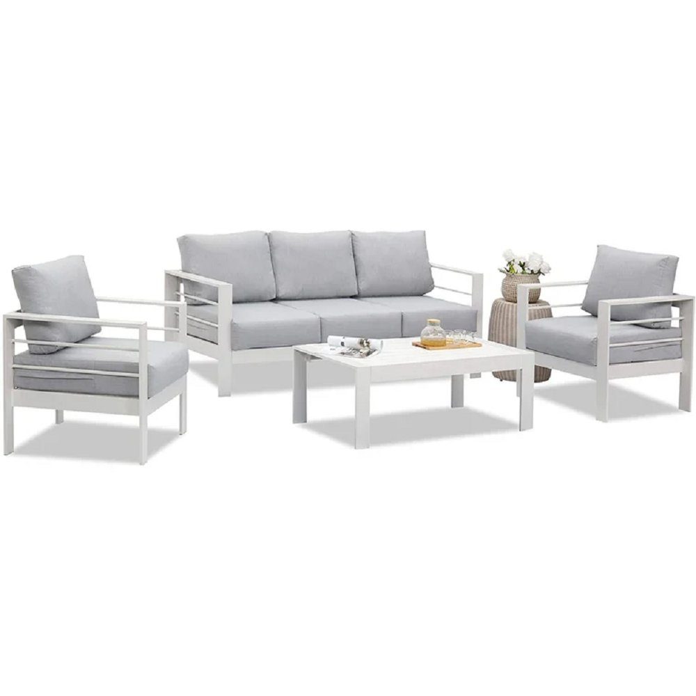 MeXo von GLP HOME Gartenlounge-Set Gartenmöbel Lounge Set 4-Teilige Aluminium Wetterfest für 4-5 Personen, (Gartenlounge Set, Balkonmöbel Set Kleiner Balkon, Essgruppe mit Kissen, 3-Sitzer-Sofa, 2 Sessel, 1 Tisch), Gartengarnitur Sitzgruppe für Terra