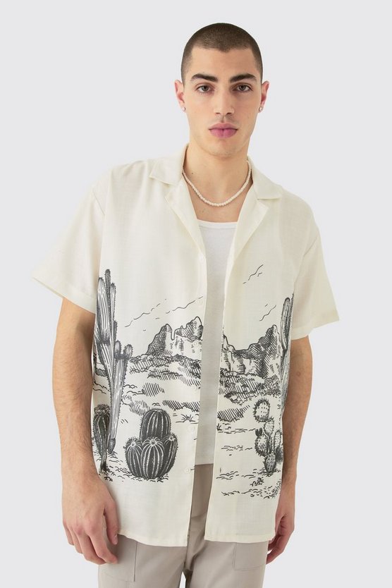 Oversized Linen Look Cactus Print Shirt