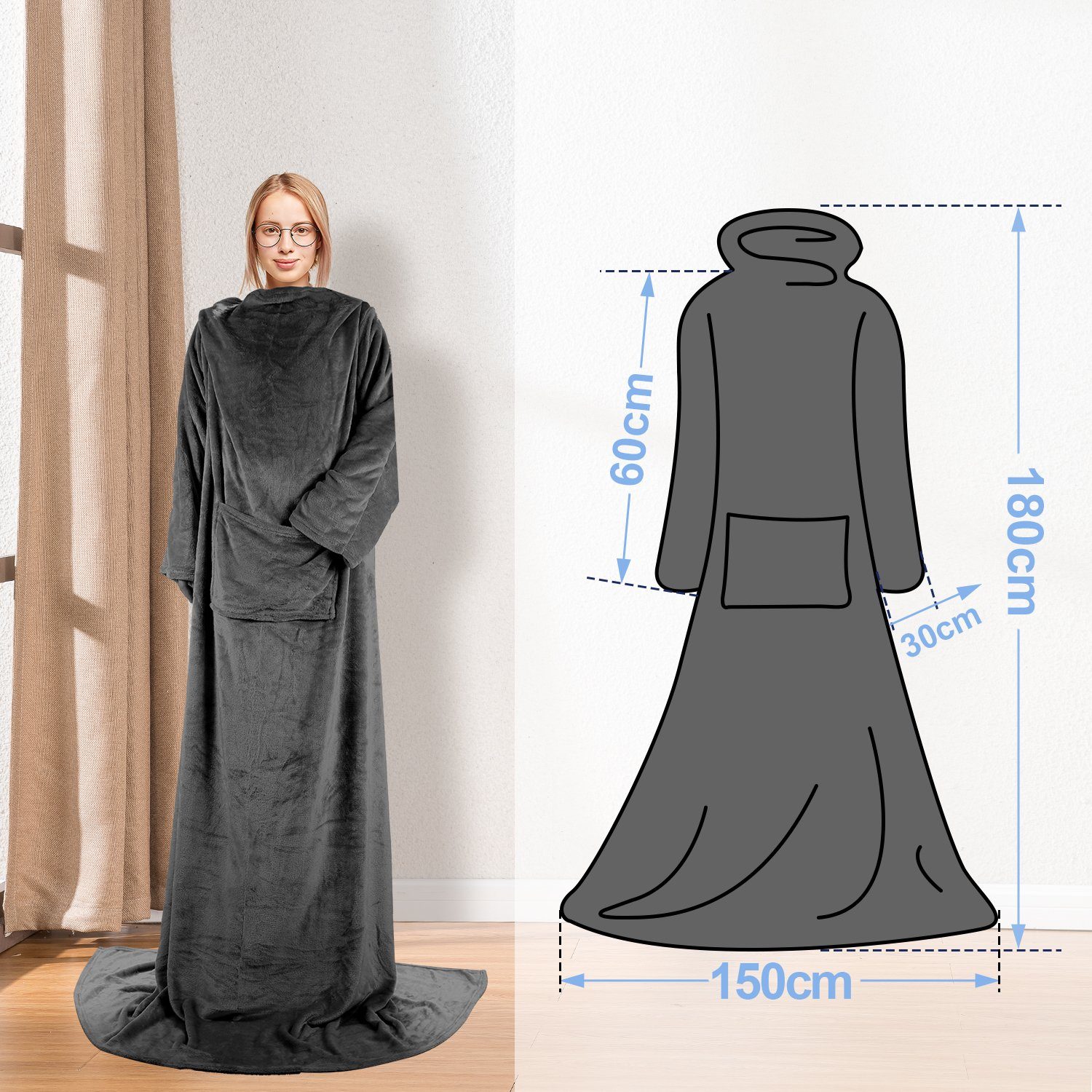Wohndecke Decke mit Ärmeln TV Kuscheldecke aus weichem Flanell 150x180cm Grau, Lospitch