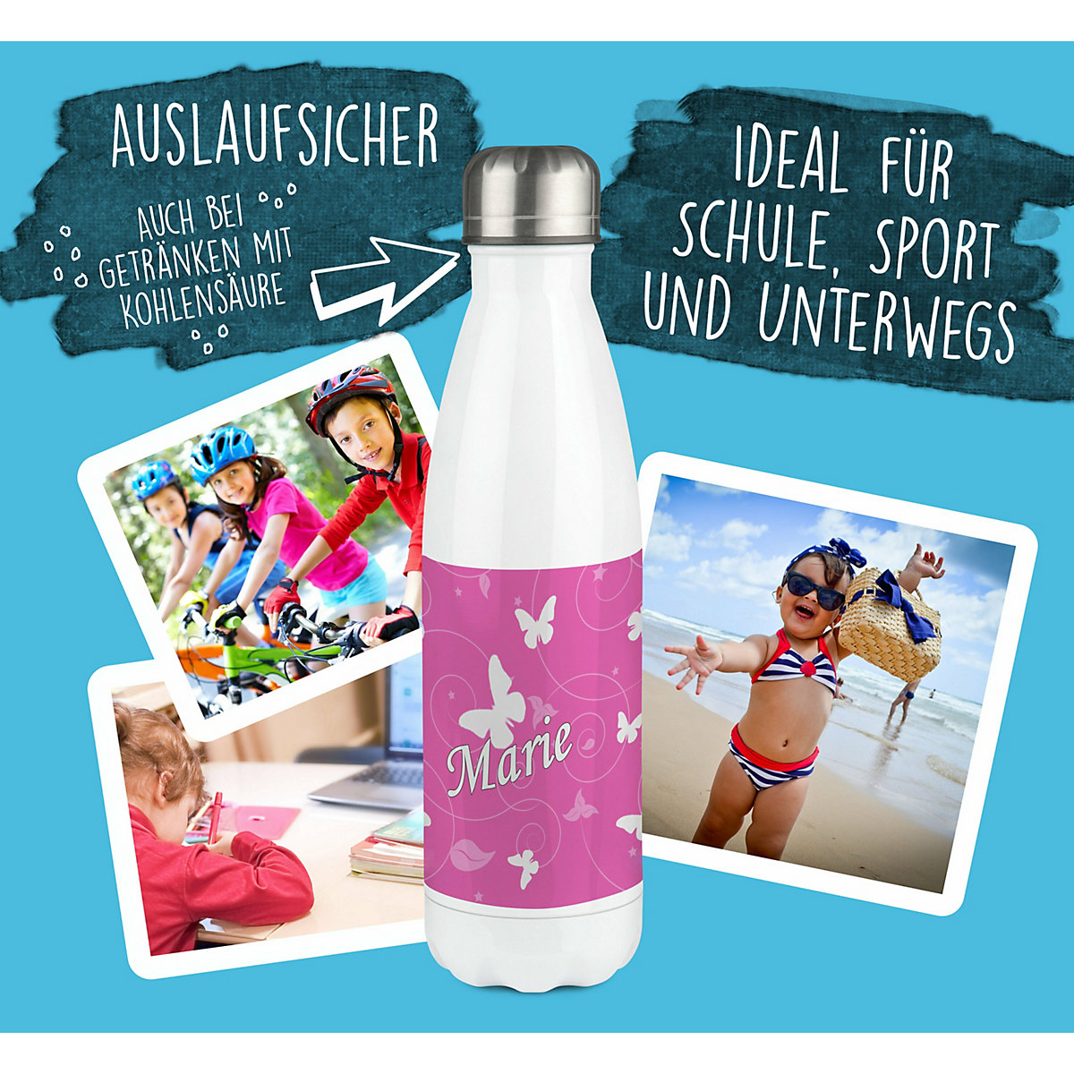Edelstahl Kinder Thermoflasche / Trinkflasche bunt Schmetterling Ornamente Farbe rosa Spülmaschinenfest, Auslaufsicher, Bruchfest, Doppelwandig, Für Heißgetränke geeignet, Mit Deckel, Isoliert