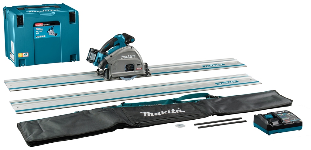 Set ferăstrău cu imersie fără fir Makita SP001GU102 XGT 40V Max 165 mm cu transmițător AWS, 2 șine de ghidare x 1500 mm, set de benzi de cuplare și geantă, 1 baterie x 4.0Ah și încărcător rapid în geantă