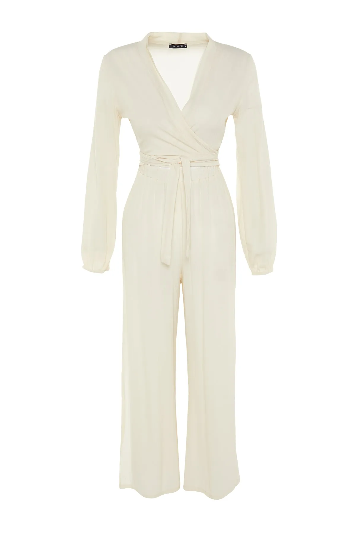 Trendyol Collection  Ecrufarbenes, gewebtes Blusen-Hosen-Set mit Bindeband TBESS23AU00031