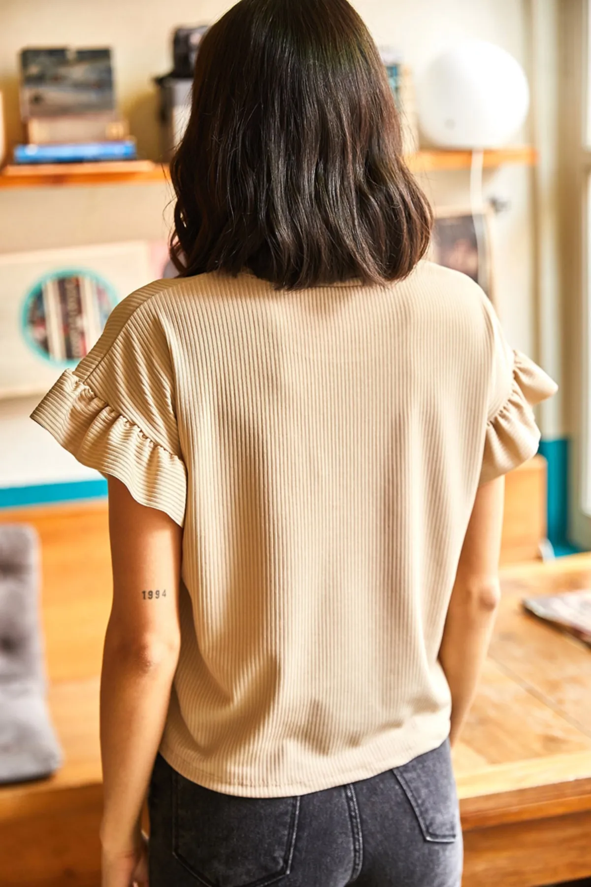Olalook  Rüschen-Camisole-T-Shirt mit Steinärmeln für Damen TSH-19000417