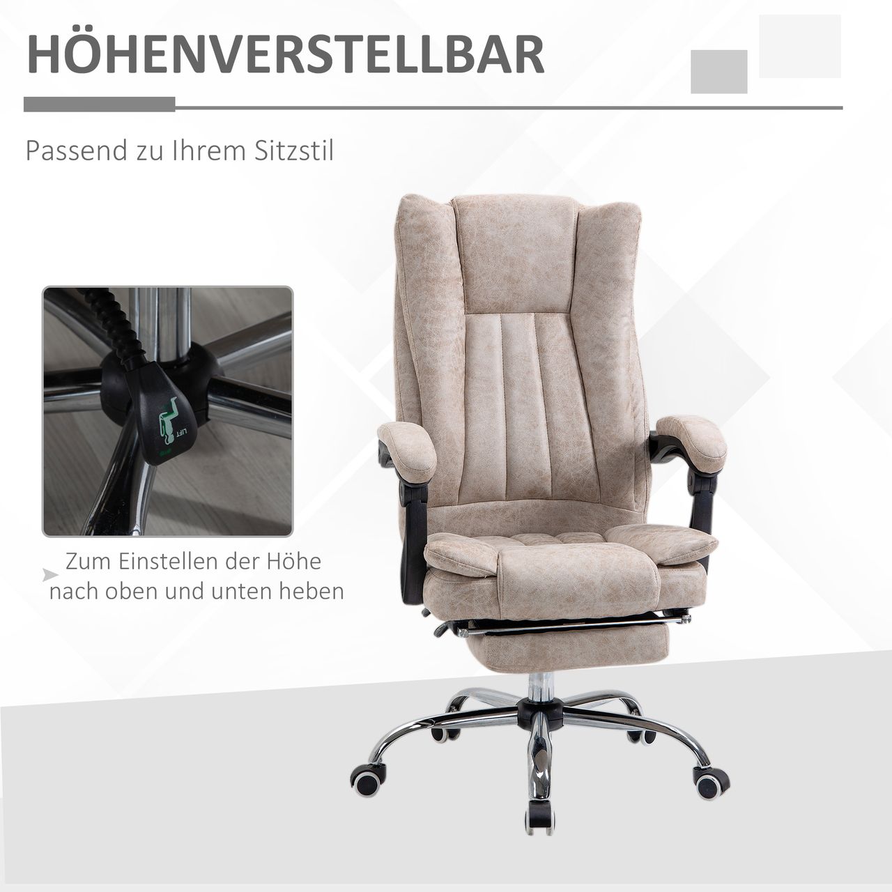 Vinsetto Bürostuhl Drehstuhl mit Liegefunktion Fußstütze Bürosesse Beige Schwarz Silber 63 x 71 x 110-118 cm