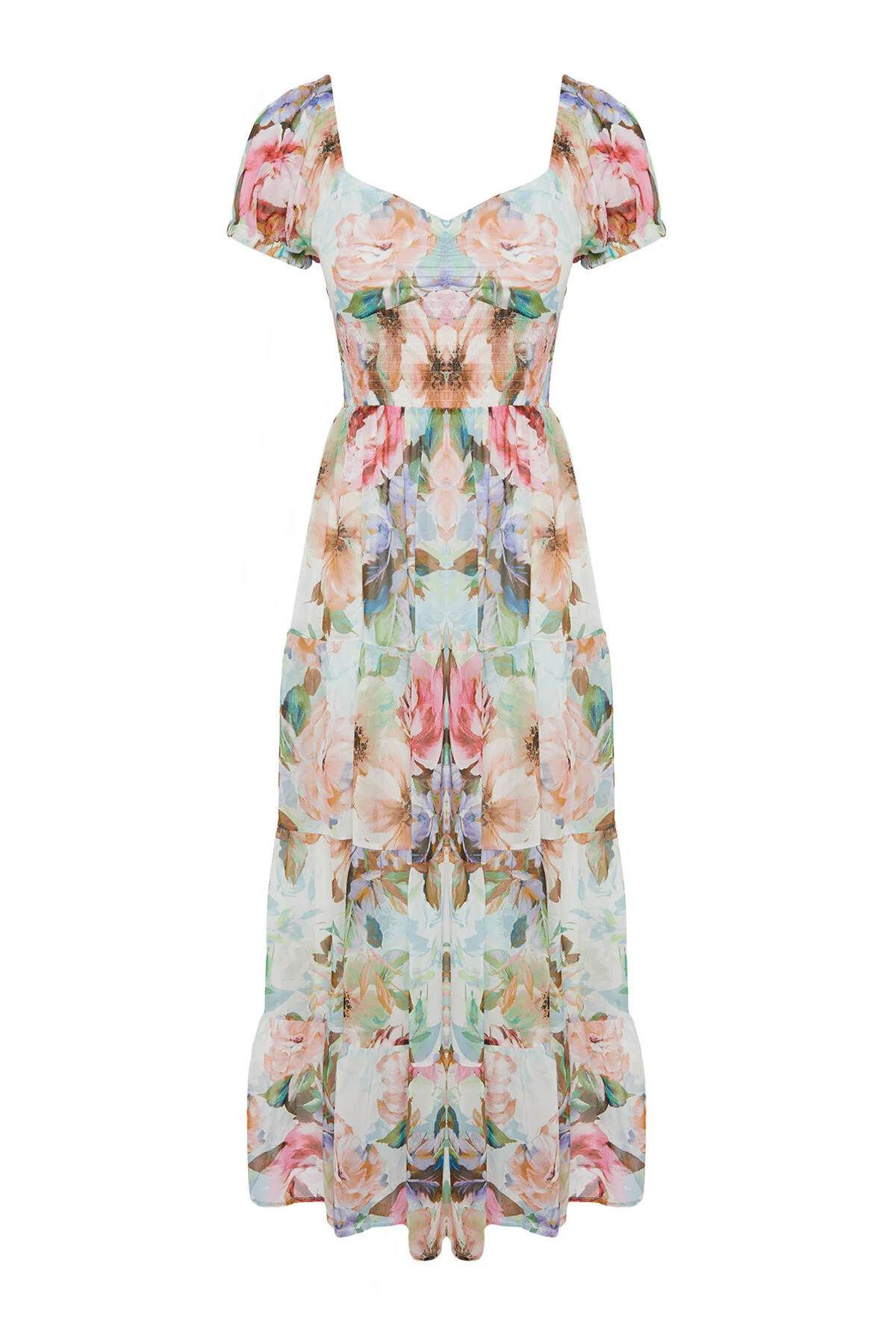 Trendyol Collection  A-Linien-Maxi-Chiffonkleid mit Gipe-Detail - Rosa Blumenmuster, gefüttert TWOSS24EL00807