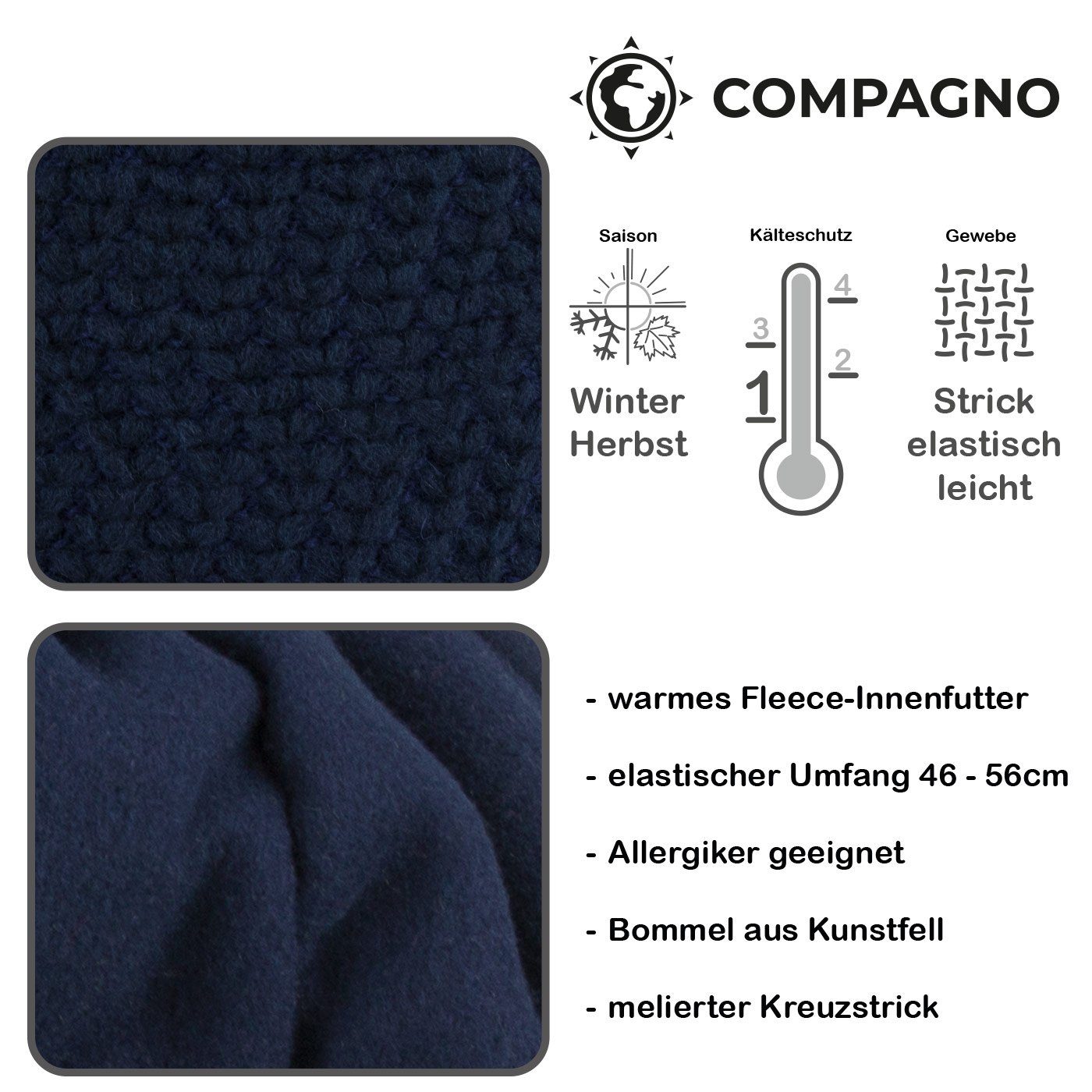 compagno Bommelmütze (1-St) Wintermütze Beanie Strickmütze Damen Herren Mütze Winter