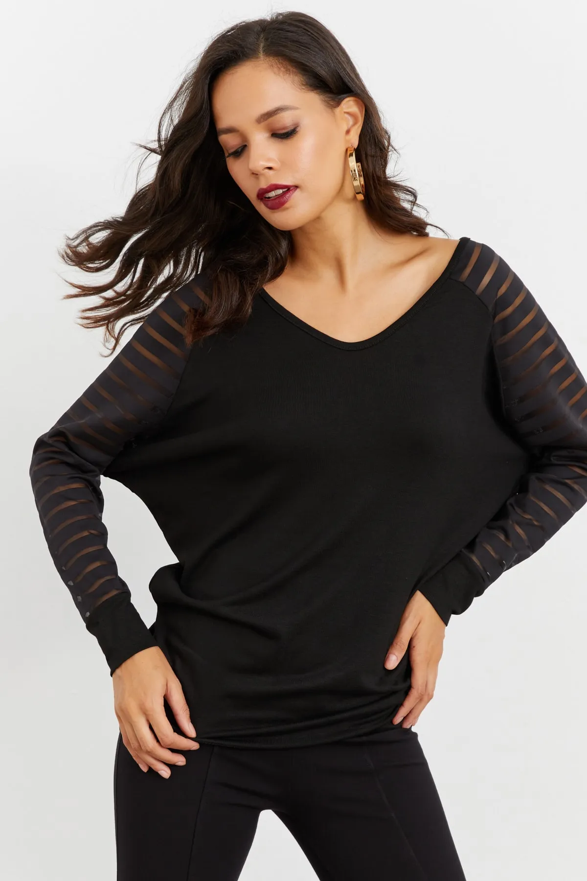 Cool & Sexy  Schwarze Damenbluse mit V-Ausschnitt ST3074
