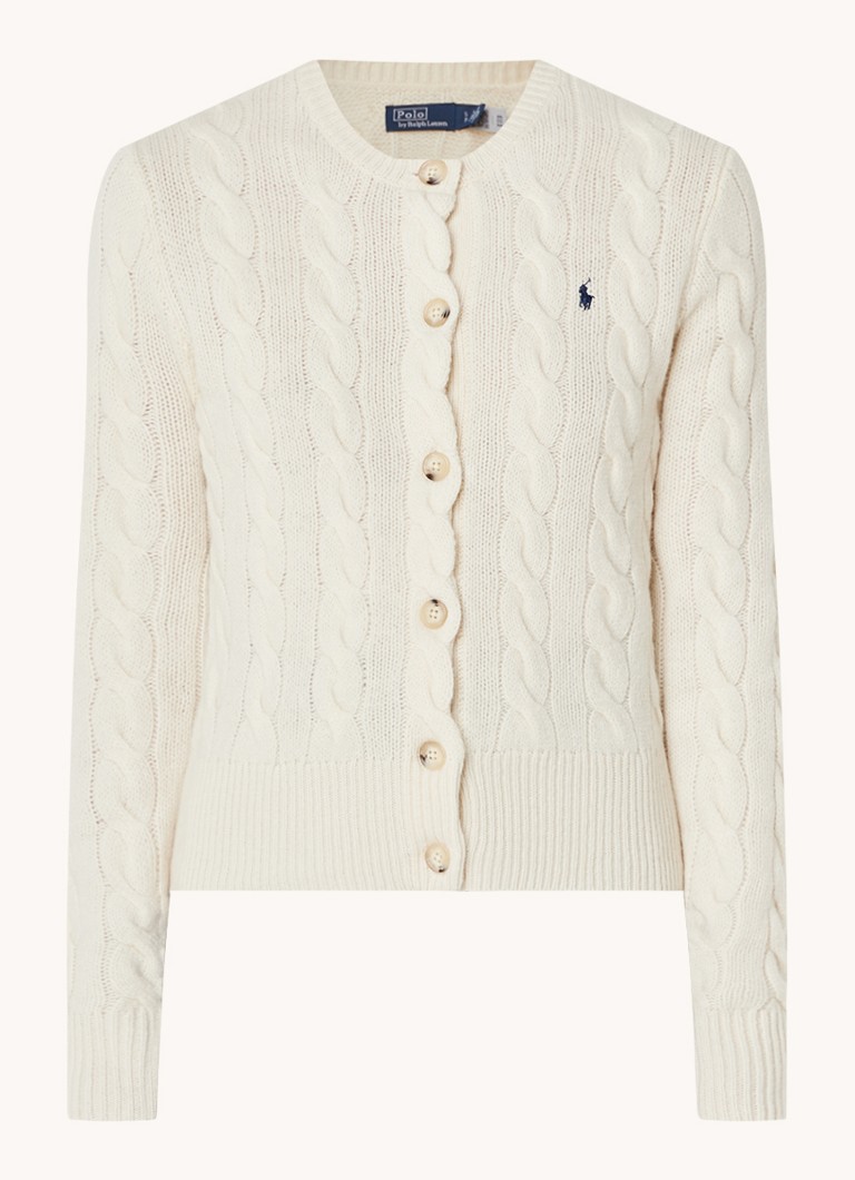 Cardigan tricotat cu împletituri din cașmir, de la Ralph Lauren.