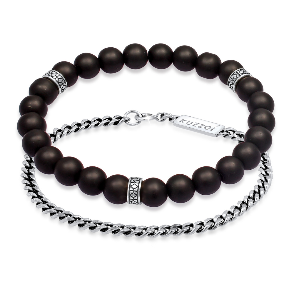 KUZZOI KUZZOI Bracelet Chaîne masculine en pierre d'onyx en 925/1000 argent massif Bracelet