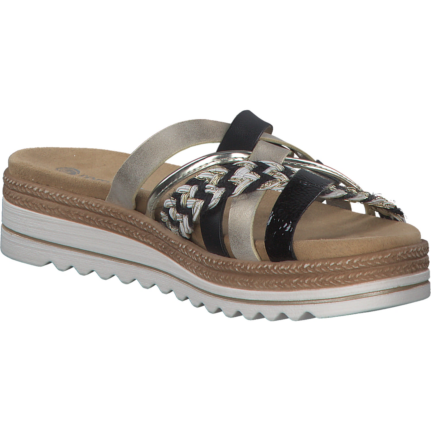 Remonte D0Q50, Plateau-Pantoletten, Damen, schwarz-weiss-gold/gold/musche