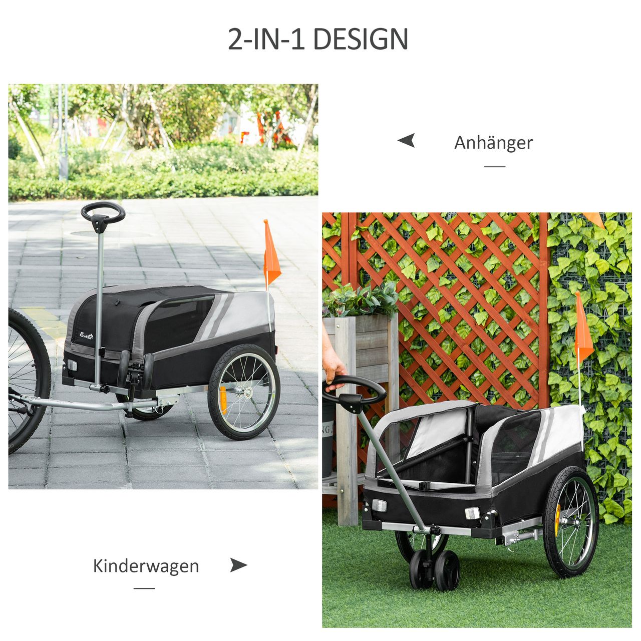 PawHut 2-in-1 Hundeanhänger Trolley für Haustier Lastenanhänger Schwarz Silber