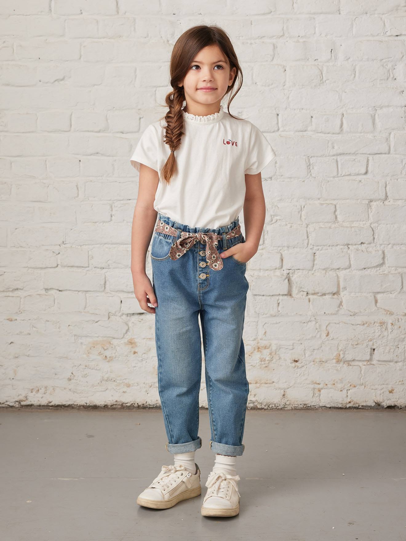 Vertbaudet Mädchen Paperbag-Jeans mit Blumen-Gürtel - grauer denim