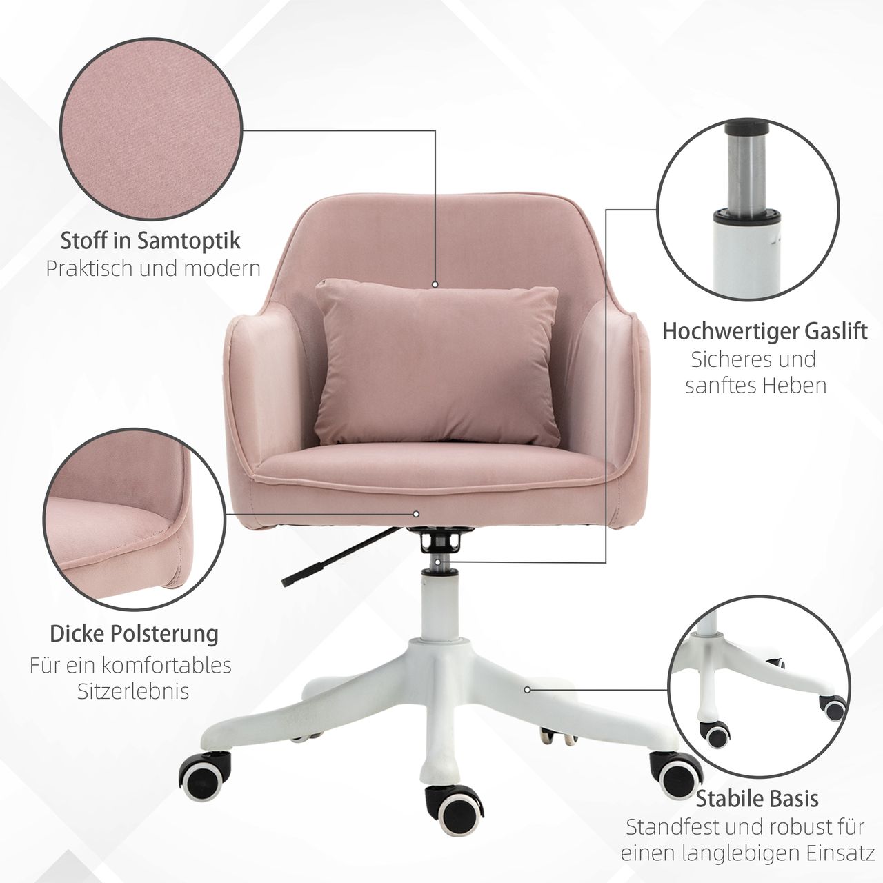 Vinsetto Massage Bürostuhl Drehstuhl mit Vibrationsfunktion Samt Rosa