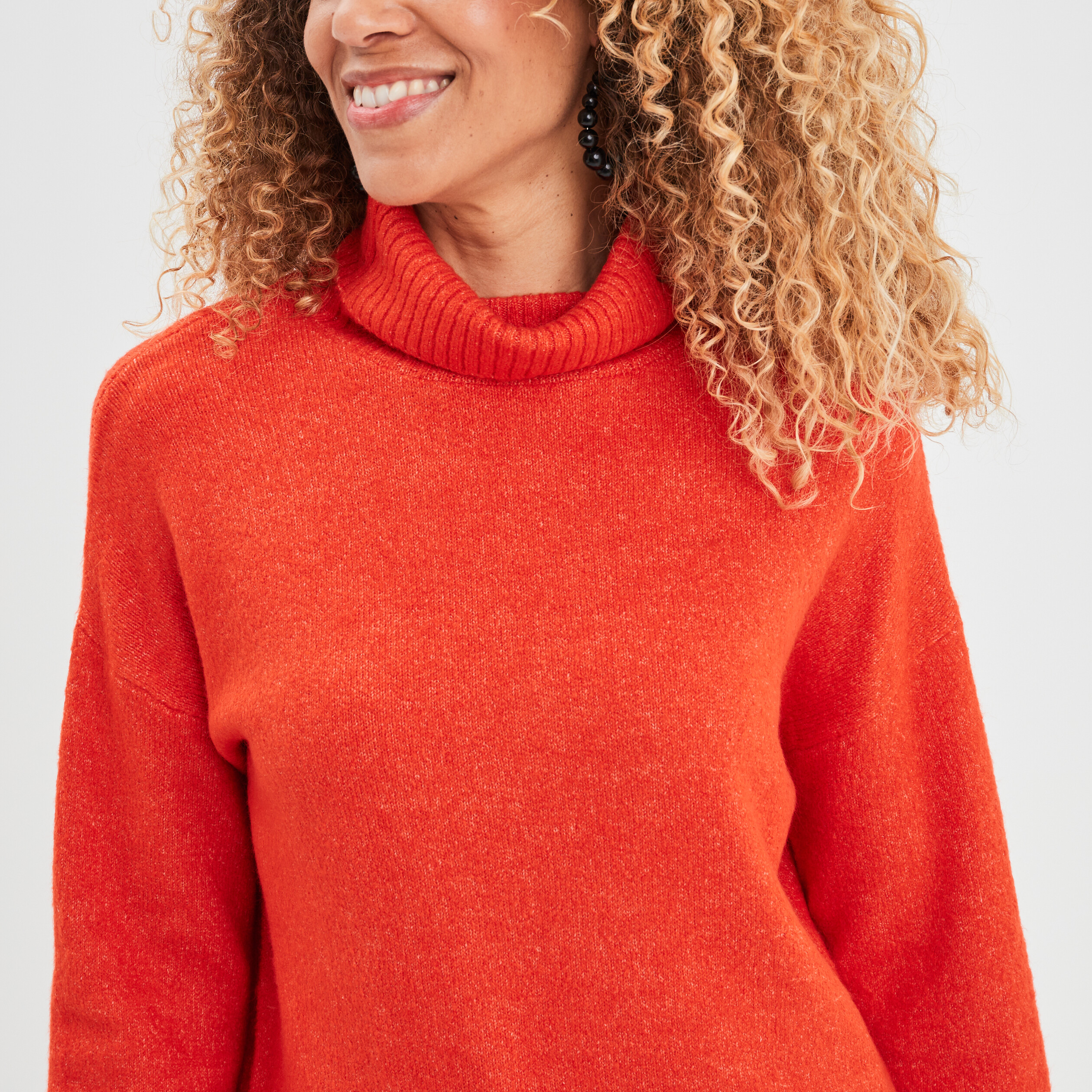 Pull col roulé droit manches longues rouge corail femme | La Halle