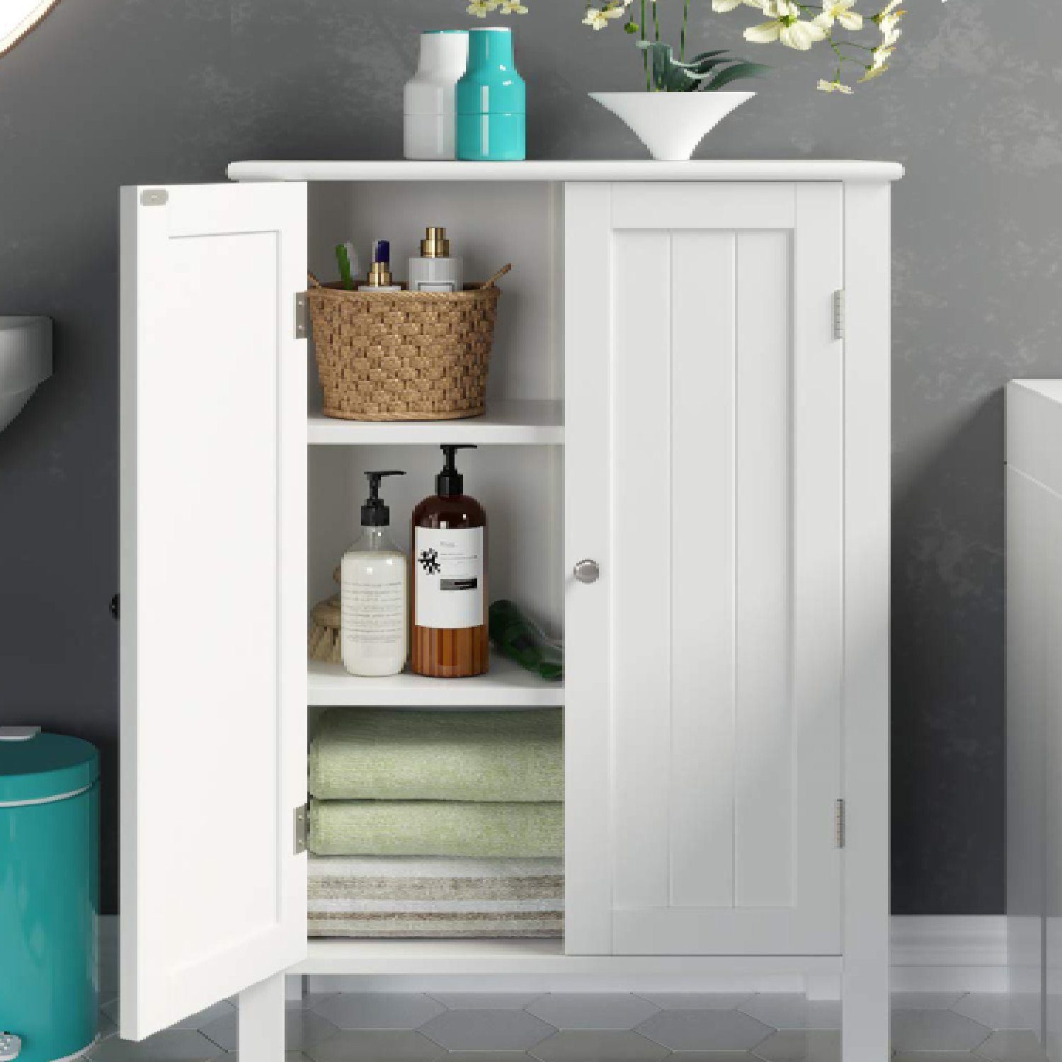 Homfa Badkommode, Badezimmerschrank mit Türen, Sideboard weiß 80 x 58 x 28cm