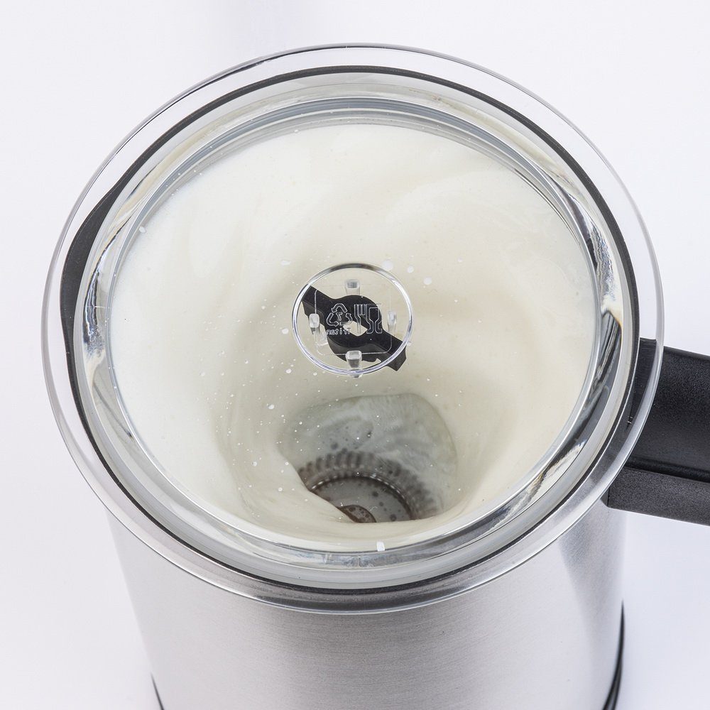 H.Koenig Milchaufschäumer Edelstahl Milchschäumer MLK8, 500 W, kabelloser Ausguss, Verdecktes Heizelement, mit Spritzschutzdeckel