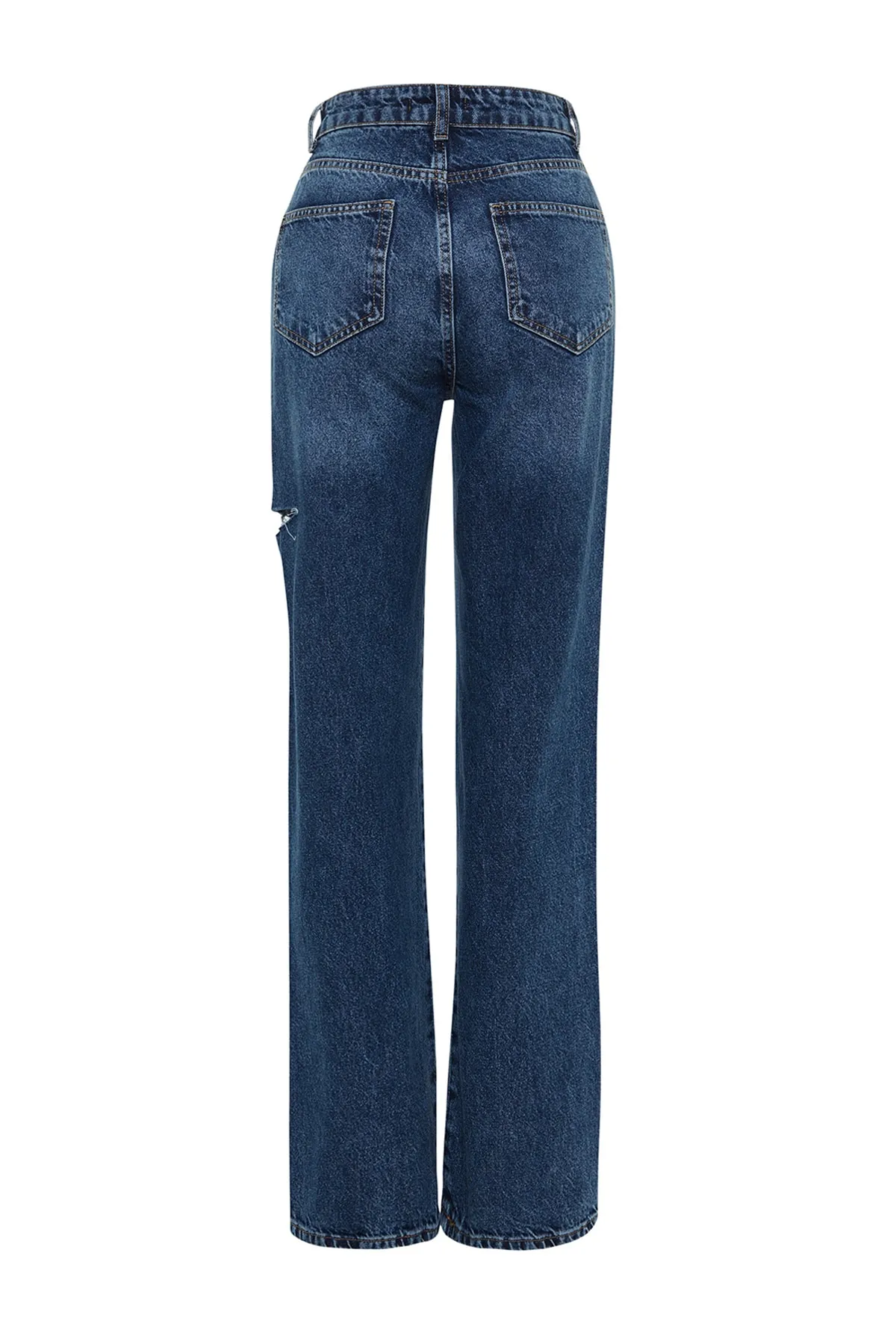 Trendyol Collection  Dunkelblaue zerrissene Jeans mit hoher Taille und weitem Bein TWOSS23JE00142