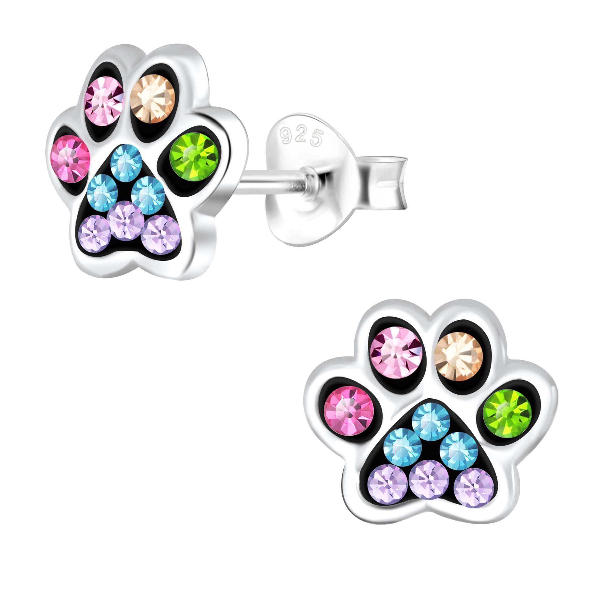 schmuck23 Paar Ohrstecker Kinder Ohrringe Kristall Pfote 925 Silber, Kinderschmuck, Mädchen, Hund, Katze, Tatze