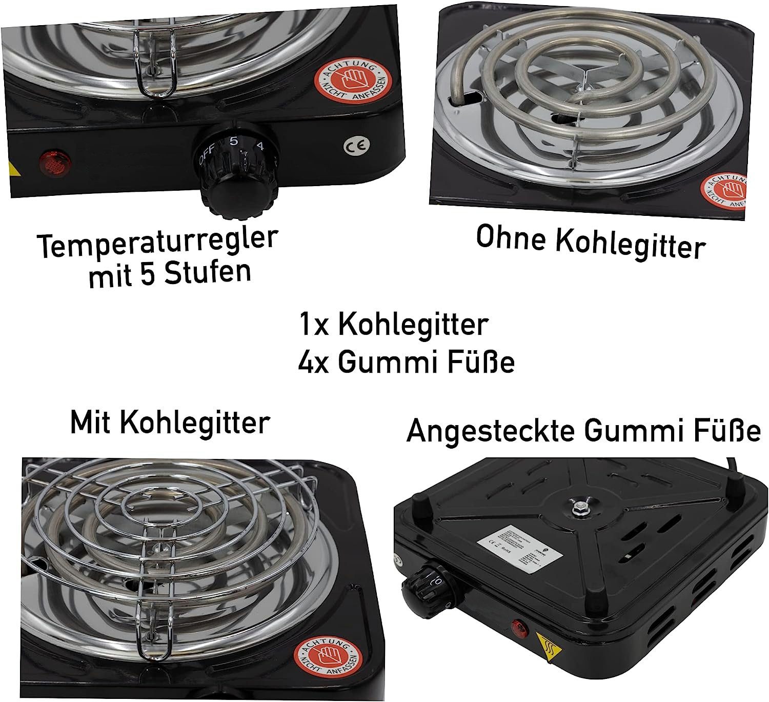 Elfmonkey Einzelkochplatte Elektrische Kochplatte, 1000W Edelstahl Herdplatte, 5 Leistungsstufen
