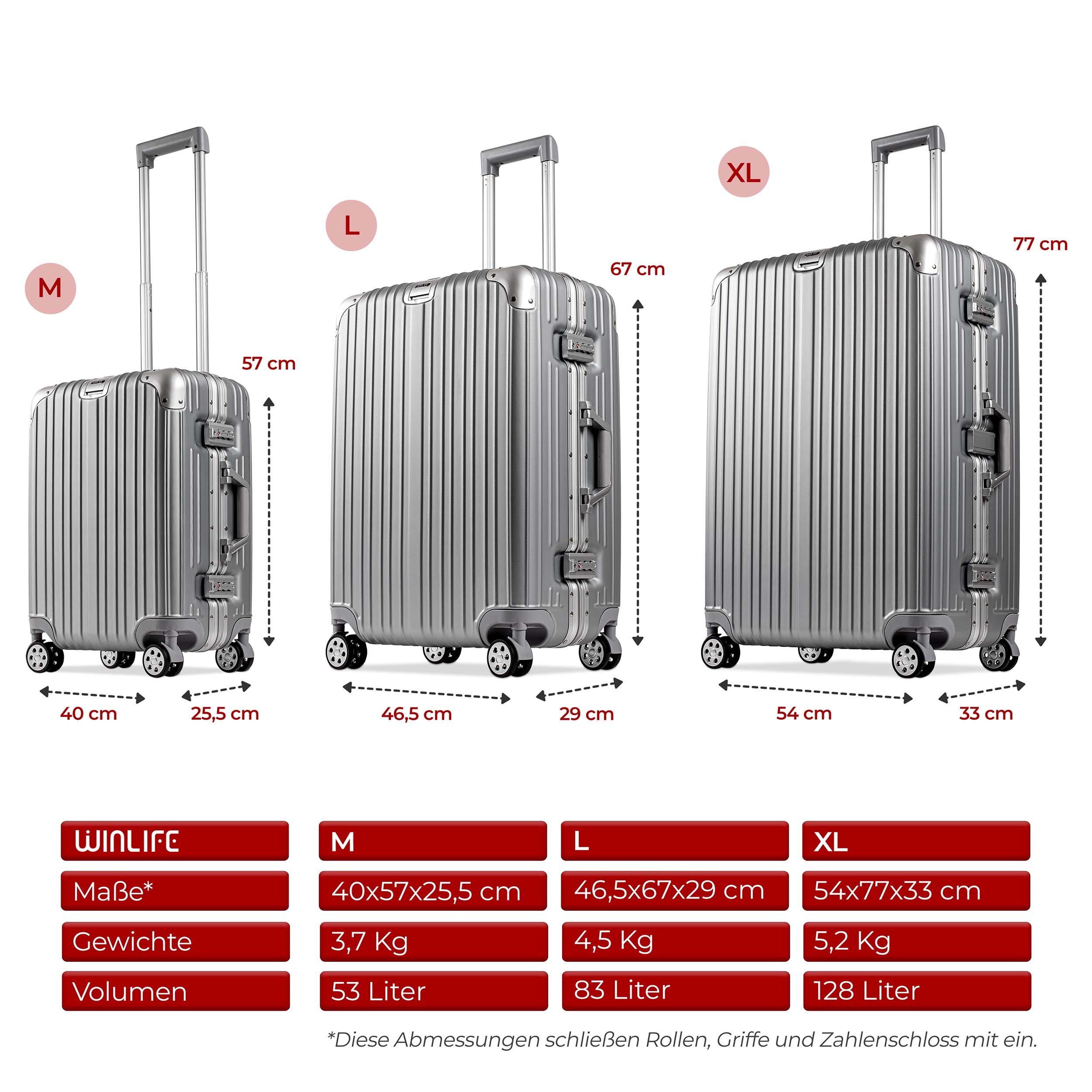 WINLIFE Koffer SPARSET Checkin-Trolley(67cm) + große Koffer(77cm) Reisekoffer, SET mit Alu-Rahmen, ABS & TSA Nummern-Schloss