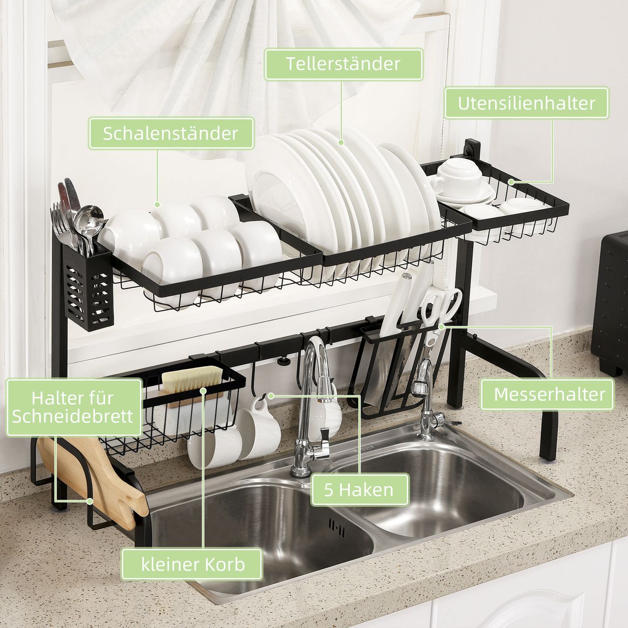 HOMCOM Abtropfgestell Geschirr 2-stufiges Abtropfgitter 51-93 cm Abtropfständer