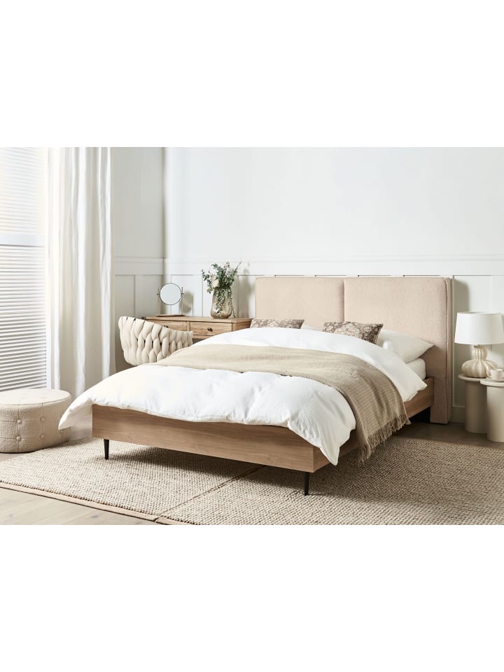 Beliani Doppelbett IZERNORE in Beige/Heller Holzfarbton/Schwarz günstig kaufen onesize