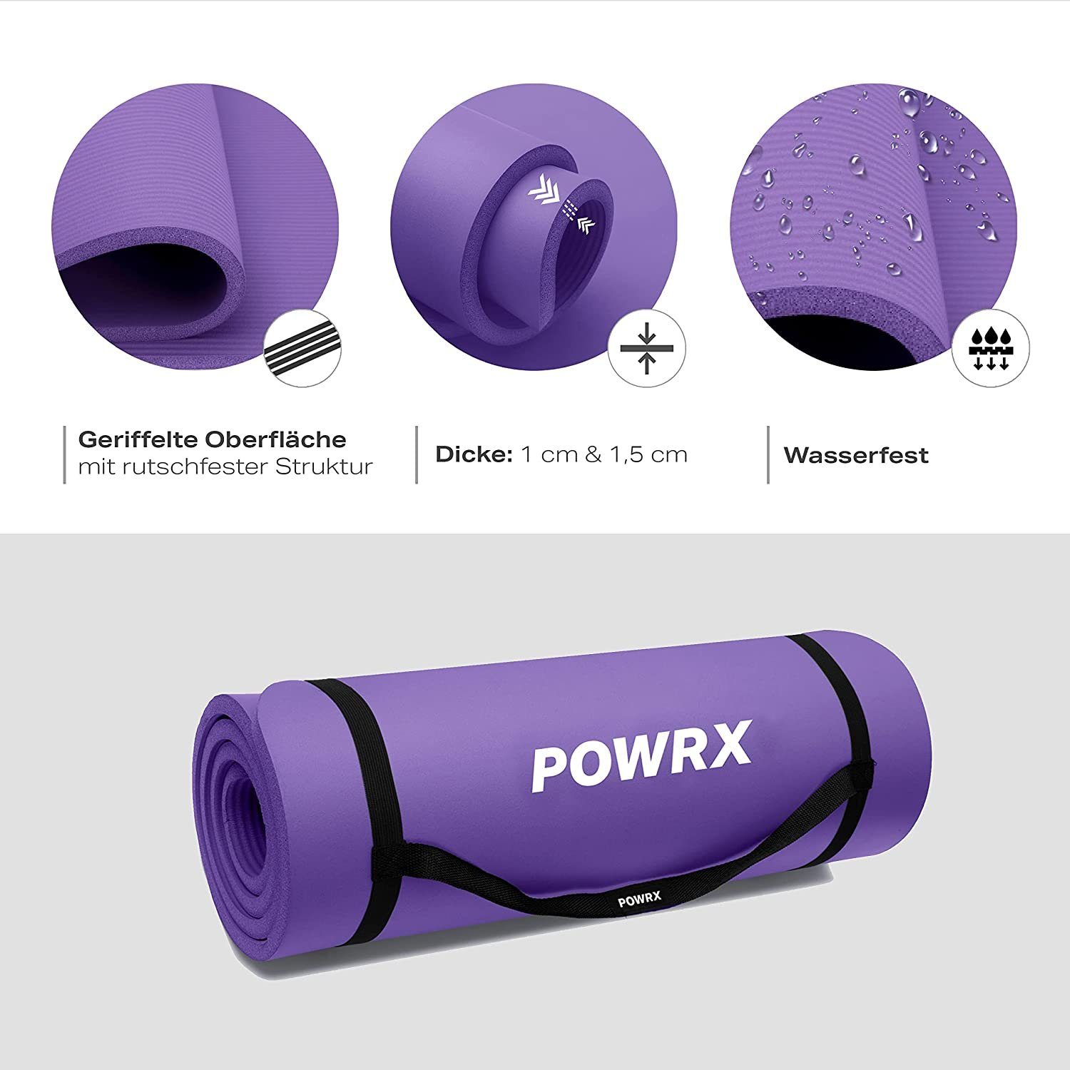 POWRX Yogamatte Gymnastikmatte Yoga-Matte (Lila, 190x80cm) inkl. Tasche+Übungsposter, Violett 190 X 80 X 1.5 Cm