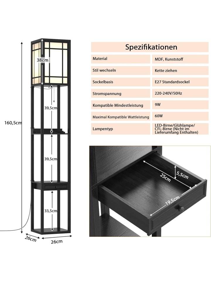 COSTWAY E27 Stehlampe mit Regal in Schwarz günstig kaufen 160 cm