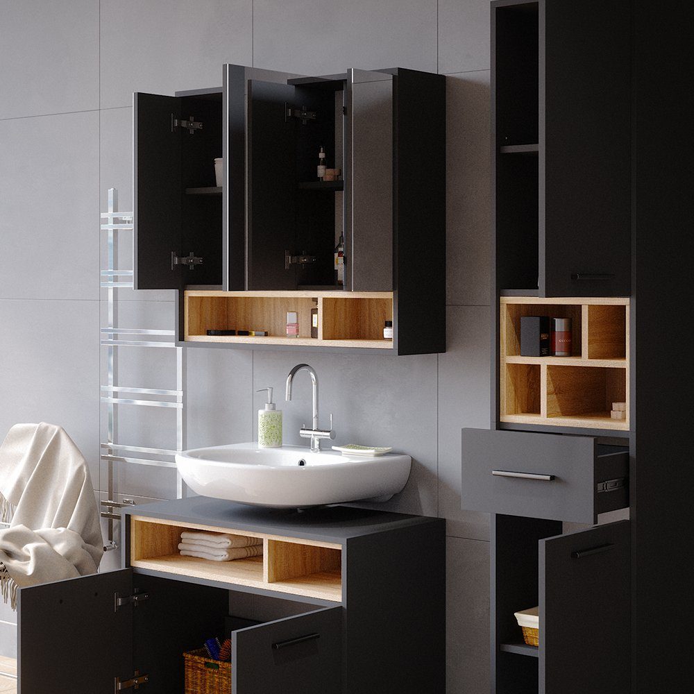 Vicco Spiegelschrank Badschrank Badspiegel BEATRICE 80cm Anthrazit / Sonoma