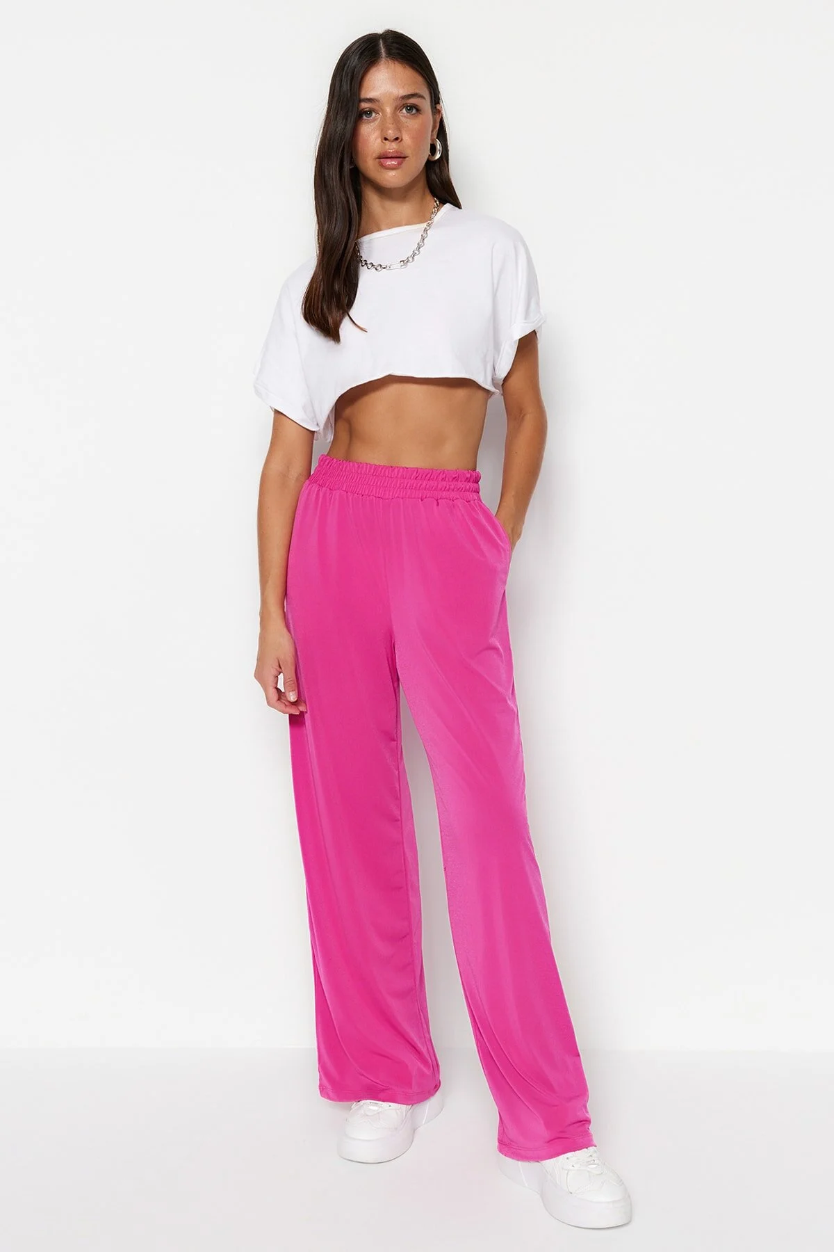 Trendyol Collection  Fuchsia, weites Bein/entspannter Schnitt, dehnbare Strickhose mit hoher Taille TWOSS23PL00129