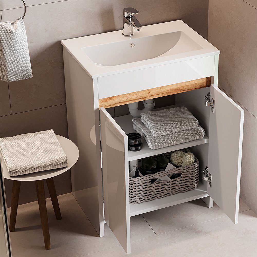 Vicco Badmöbel-Set Waschtisch mit Waschbecken LEMGO Weiß, (2-St., 2-er Set)
