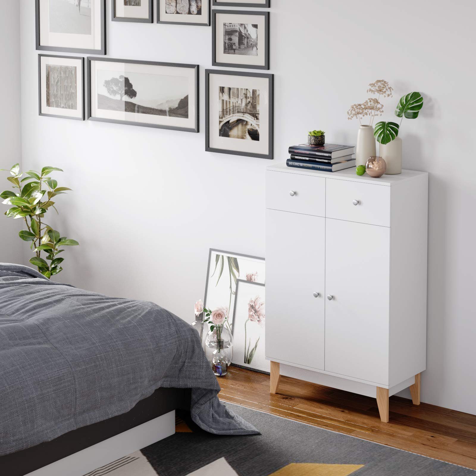 Homfa Kommode, Sideboard, Küchenschrank, mit 2 Türen und 2 Schubladen, weiß