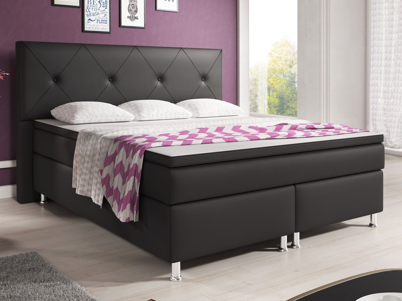 IHG Boxspringbett Oxford 180x200 cm Kunstleder Schwarz