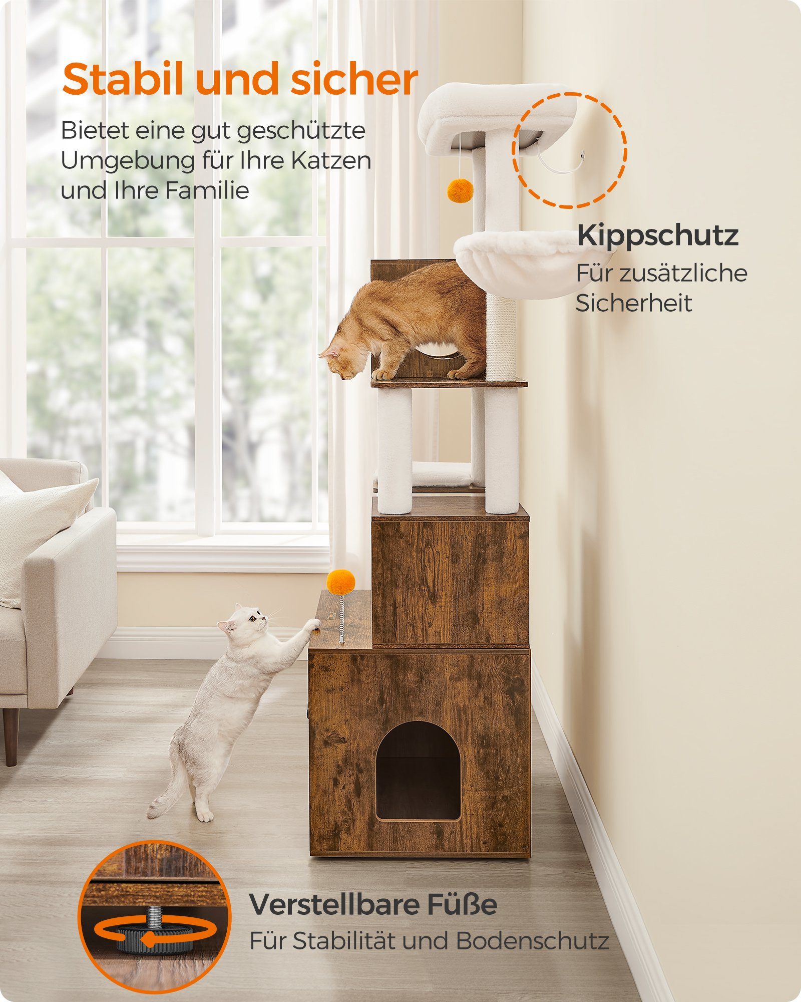 FEANDREA Kratzbaum, mit Katzenklo-Schrank 185cm Kratzsäule waschbares Kissen