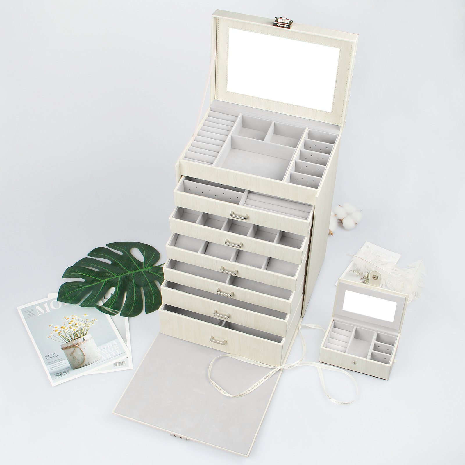 Yorbay Schmuckkasten Schmuckkoffer komplett abschließbar Schmuckkasten (Mit herausnehmbarer Reise-Box, Mit 7 Ebenen, Mit Spiegel), Schmuckkästchen für Halsketten/Uhren/Ringe/Armbänder/Ohrringe/Brille