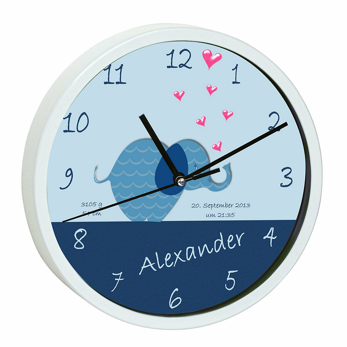 Kinder Wanduhr personalisiert mit Name Elefant blau