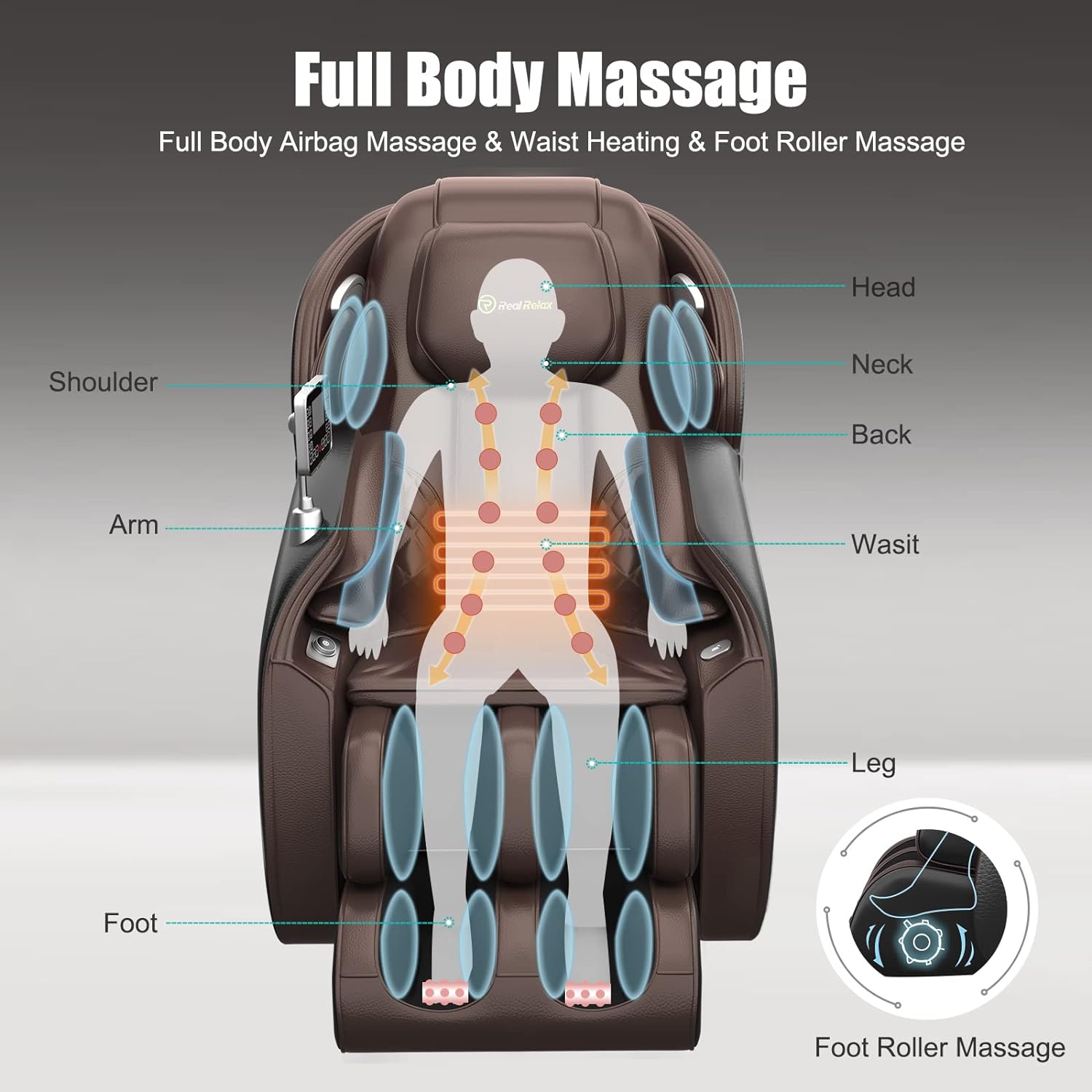 Real Relax Massage Chair, Full Body Zero Gravity SL-Track Shiatsu Massage Recliner Chair with Heat Body Scan Bluetooth Foot Roller APP Control, Favor-06 Brown