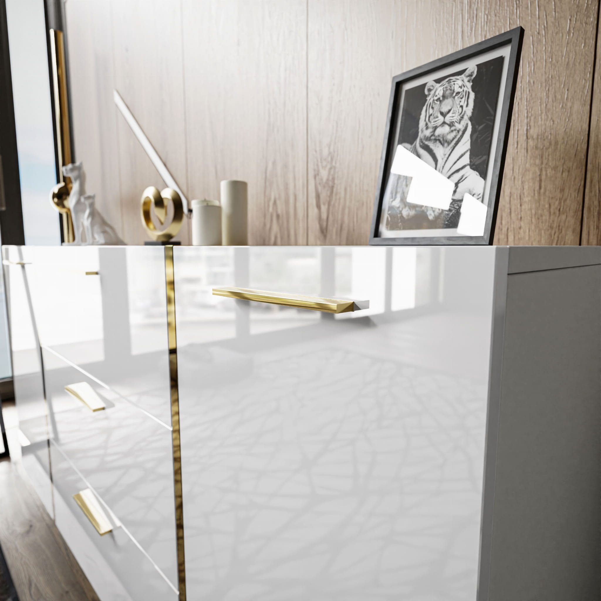 yourhouse24 Kommode ONYX Sideboard Hochglanz Push-Open / Goldgriffe 158 cm