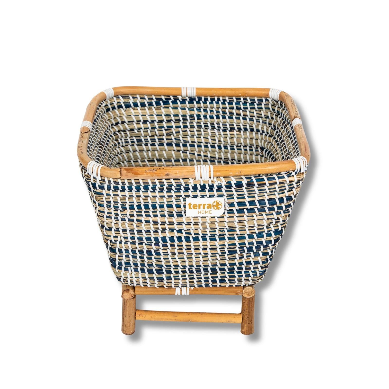 Terra Home Übertopf Pflanzenübertopf Seegras Rattan B31xT31xH28,5 cm blau (mit Rattan Füßen, 1 St), Blumentopf Übertopf Füllkorb auf Holzbeinen