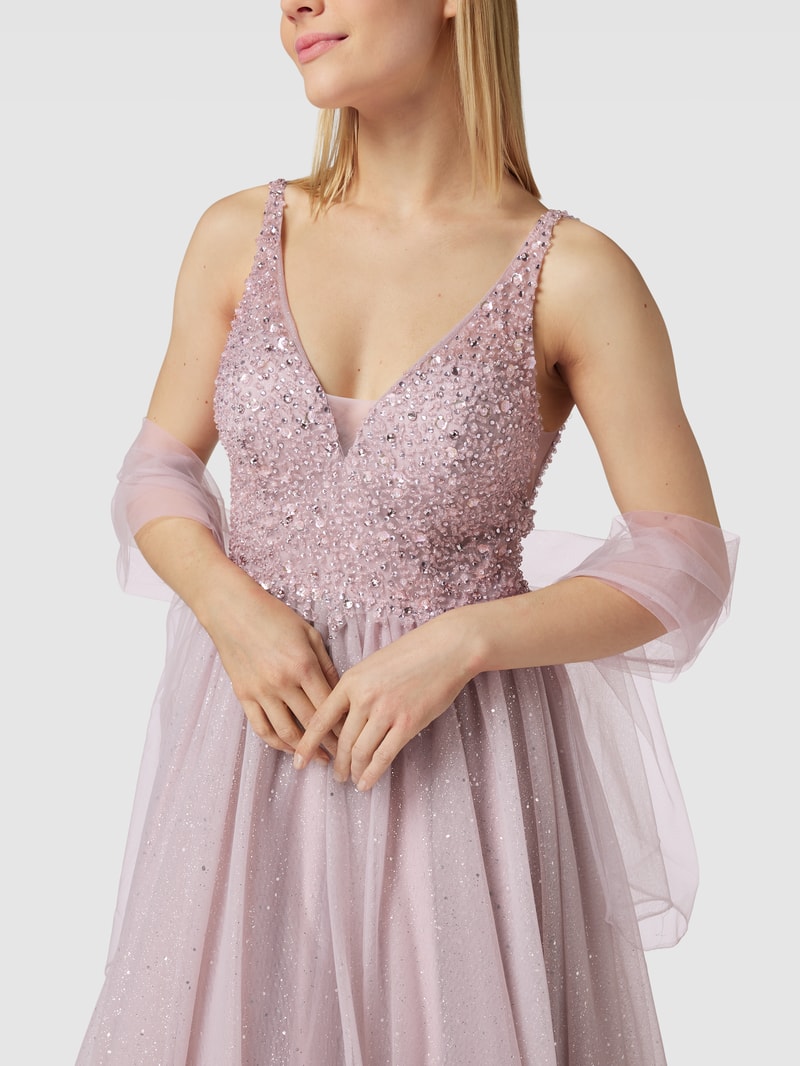Abendkleid mit Pailletten und Zierperlen in mauve