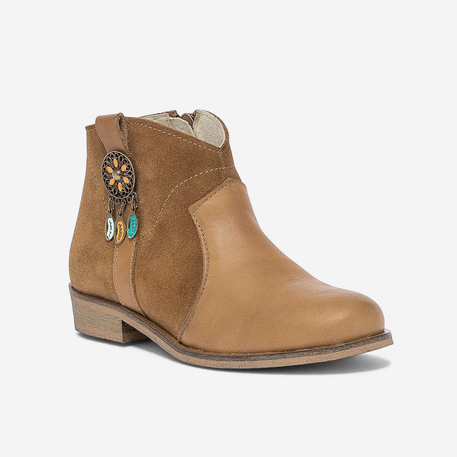 Boots camel bi matière décor attrape-rêve