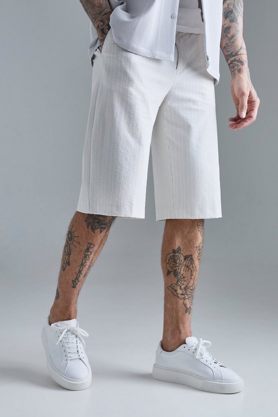 Tall gestreifte Seersucker Shorts mit Kordelzug