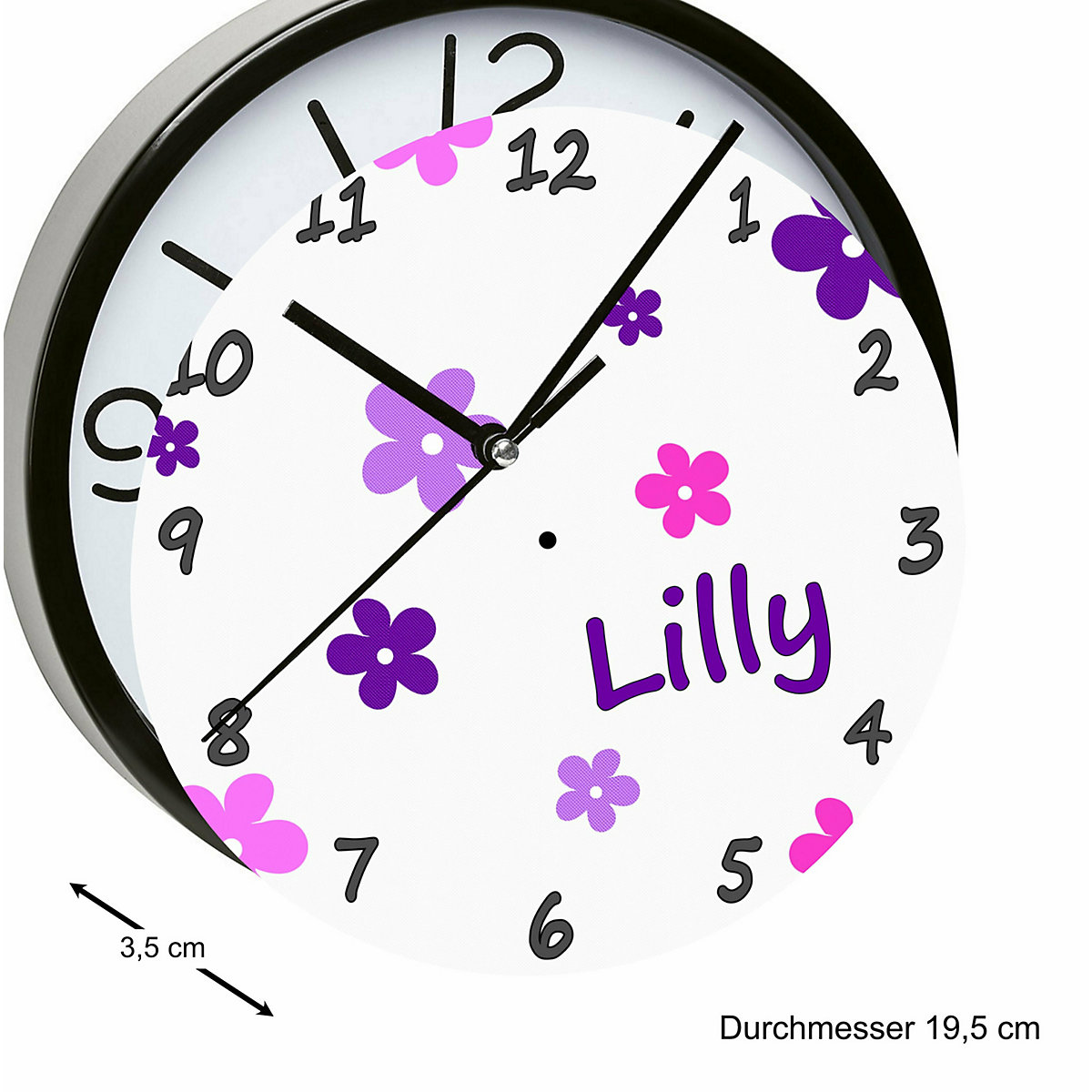 Kinder Wanduhr personalisiert mit Name Blumen Pink-Lila