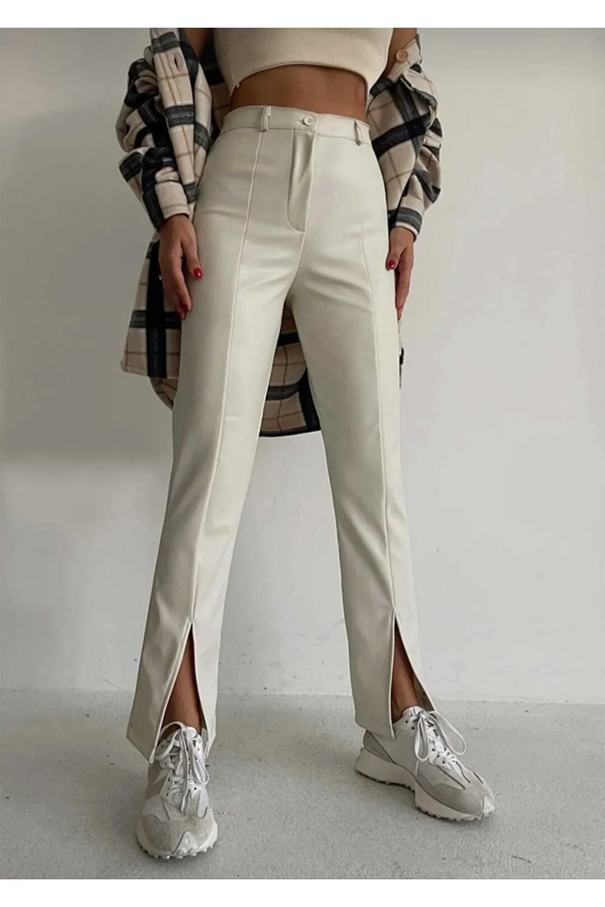 CİZA MODA  Erhöhte Lederhose mit vorn genähtem Schlitz